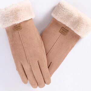 2/$30 Brown Touch Screen Faux Suede Fashion Gloves with Faux Fur Trim Winter